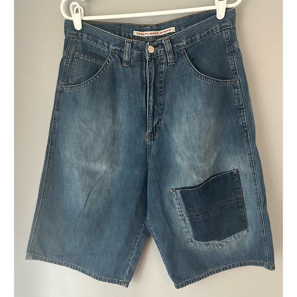 Vintage 90's PURE PLAYAZ Jean Shorts Y2K Hip Hop Size 32 Contrast Cargo Pocket - Picture 1 of 10